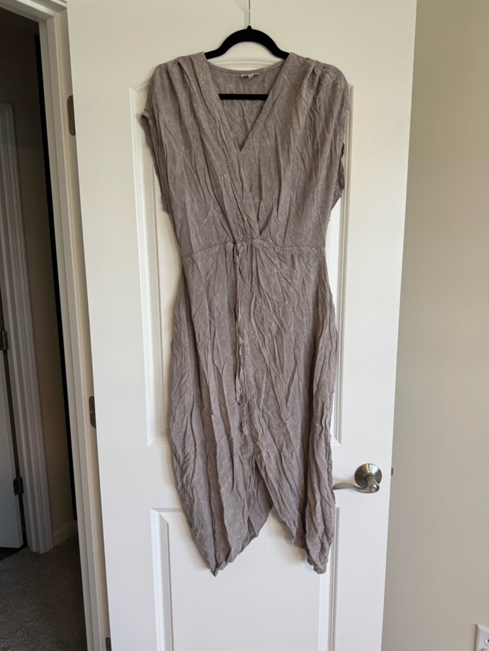 Neutral Asymmetrical V-Neck Drawstring Wrap Dress